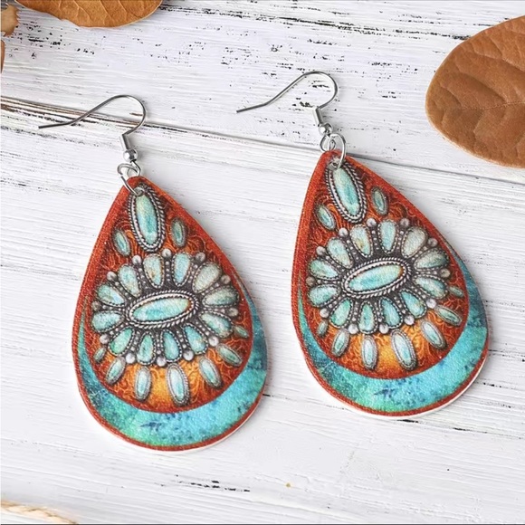 Faux Leather Western Print Teardrop Earrings - Picture 3 of 5